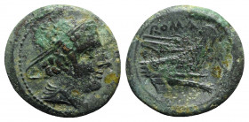 Anonymous, Rome, 217-215 BC. Æ Semuncia (22mm, 7.30g, 12h). Head of Mercury r., wearing winged petasus. R/ Prow r. Crawford 38/7; RBW 100. Green patin...