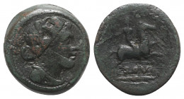 Anonymous, Rome, 217-215 BC. Æ Semuncia (20mm, 6.76g, 1h). Draped female bust r., wearing mural crown. R/ Horseman r. on galloping horse, holding whip...
