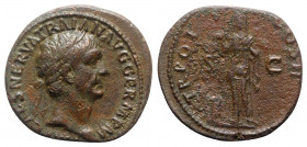 Trajan (98-117). Æ As (28mm, 10.02g, 6h). Rome, AD 98. Laureate head r. R/ Pietas standing l., extending arm; altar at feet to l. RIC II 393. Good Fin...