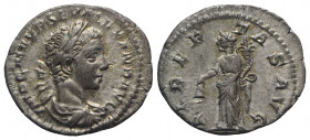 Severus Alexander (222-235). AR Denarius (19mm, 3.00g, 6h). Rome, AD 222. Laureate and draped bust r. R/ Libertas standing l., holding pileus and scep...