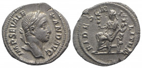 Severus Alexander (222-235). AR Denarius (20mm, 3.31g, 1h). Rome, AD 231. Laureate bust r., slight drapery. R/ Fides seated l., holding signum in each...