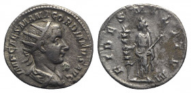 Gordian III (238-244). AR Antoninianus (20mm, 3.48g, 6h). Rome, AD 238. Radiate, draped and cuirassed bust r. R/ Fides standing facing, head l., holdi...