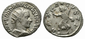 Gordian III (238-244). AR Antoninianus (22mm, 4.22g, 6h). Antioch, 242-4. Radiate and cuirassed bust r., seen from behind. R/ Pax walking l., holding ...