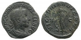 Gordian III (238-244). Æ Sestertius (30mm, 21.30g, 12h). Rome, AD 243. Laureate, draped and cuirassed bust r. R/ Victory standing l., holding palm fro...