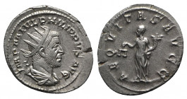 Philip I (244-249). AR Antoninianus (24mm, 3.95g, 12h). Rome, AD 246. Radiate, draped and cuirassed bust r. R/ Aequitas standing l., holding scales an...