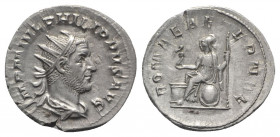 Philip I (244-249). AR Antoninianus (21mm, 3.98g, 6h). Rome, 246-7. Radiate, draped and cuirassed bust r. R/ Roma seated l. on shield, holding Victory...