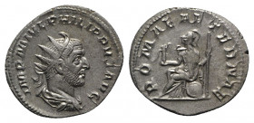 Philip I (244-249). AR Antoninianus (22mm, 4.18g, 1h). Rome, 246-7. Radiate, draped and cuirassed bust r. R/ Roma seated l. on shield, holding Victory...