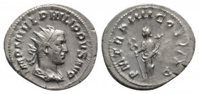 Philip I (244-249). AR Antoninianus (23.5mm, 4.65g, 12h). Antioch, 247-8. Radiate, draped and cuirassed bust r. R/ Felicitas standing l., holding long...