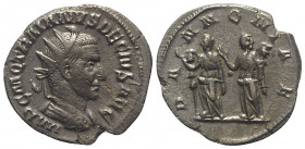 Trajan Decius (249-251). AR Antoninianus (21mm, 3.07g, 5h). Rome, 250. Radiate, draped and cuirassed bust r. R/ The two Pannoniae standing facing, eac...
