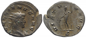 Gallienus (253-268). Antoninianus (22mm, 4.31g, 12h). Rome, 260-8. Radiate head r., slight drapery. R/ Virtus standing l., holding spear and shield; S...