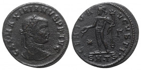 Galerius (305-311). Æ Follis (26mm, 6.51g, 6h). Thessalonica, c. 308-310. Laureate head r. R/ Genius standing l., holding patera and cornucopia; star-...