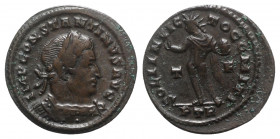 Constantine I (307/310-337). Æ Follis (23mm, 3.75g, 6h). Treveri, AD 316. Laureate and cuirassed bust r. R/ Sol standing facing, head l., chlamys over...