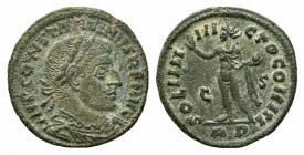 Constantine I (307/310-337). Æ Follis (20mm, 2.85g, 6h). Rome, 315-6. Laureate, draped and cuirassed bust r. R/ Sol standing l., holding globe and rai...