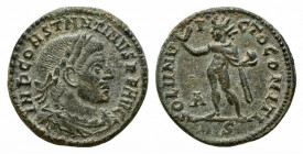 Constantine I (307/310-337). Æ Follis (18mm, 3.25g, 12h). Rome, AD 317. Laureate, draped and cuirassed bust r. R/ Sol standing l. holding globe and ra...