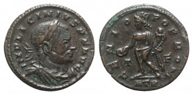 Licinius I (308-324). Æ Follis (20mm, 3.23g, 6h). Treveri, AD 316. Laureate and cuirassed bust r. R/ Genius standing l., holding patera and cornucopia...