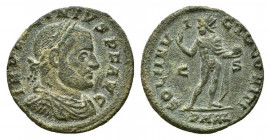 Licinius I (308-324). Æ Follis (20mm, 3.17g, 12h). Arelate, AD 316. Laureate, draped and cuirassed bust r. R/ Sol standing r., head l., holding globe ...
