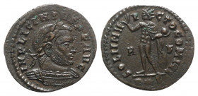 Licinius I (308-324). Æ Follis (22mm, 3.31g, 6h). Rome, AD 314. Laureate and cuirassed bust r. R/ Sol standing l., holding globe and raising r. hand; ...