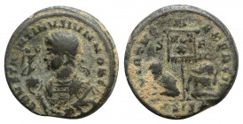 Constantine II (Caesar, 316-337). Æ Follis (19mm, 3.29g, 12h). Siscia, c. AD 320. Laureate and mantled bust l., holding Victory on globe and mappa. R/...