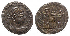 Constantine II (Caesar, 316-337). Æ Quarter Follis (12mm, 0.81g, 12h). Uncertain mint. CONSTANTINBS IVN NC, Laureate and cuirassed bust r. R/ GLORIA E...