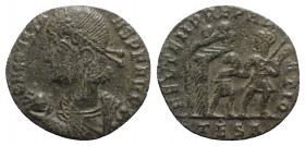 Constans (337-350). Æ Centenionalis (20mm, 2.35g, 12h). Thessalonica, 348-350. Diademed, draped and cuirassed bust l., holding globe. R/ Soldier advan...