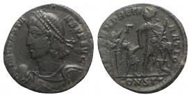 Constans (337-350). Æ (21mm, 3.79g, 6h). Constantinople, 348-351. Diademed, draped and cuirassed bust l., holding globe. R/ Soldier advancing r., head...