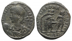 Constantius II (337-361). Æ (23mm, 4.74g, 6h). Thessalonica. Diademed, draped and cuirassed bust l., holding globe. R/ Soldier advancing r., head l., ...