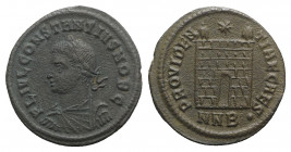 Constantius II (Caesar, 324-337). Æ (19mm, 3.19g, 12h). Nicomedia, 324-5. Laureate, draped and cuirassed bust l. R/ Camp-gate with two turrets, star a...
