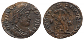 Valens (364-378). Æ (17mm, 2.27g, 6h). Siscia, 364-7. Pearl-diademed, draped and cuirassed bust r. R/ Victory advancing l., holding wreath and palm; s...