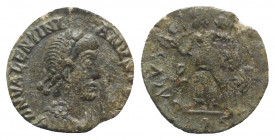Valentinian II (375-392). Æ (11mm, 0.98g, 6h). Aquileia, 388-392. Pearl-diademed, draped and cuirassed bust r. R/ Victory advancing l., holding trophy...
