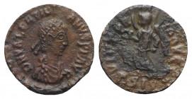 Valentinian II (375-392). Æ (12mm, 1.20g, 6h). Siscia. Pearl-diademed, draped and cuirassed bust r. R/ Victory advancing l., holding wreath and palm; ...