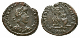 Theodosius I (379-395). Æ (12mm, 1.85g, 12h). Nicomedia, 388-92. Pearl-diademed, draped, and cuirassed bust r. R/ Victory advancing l., head r., holdi...