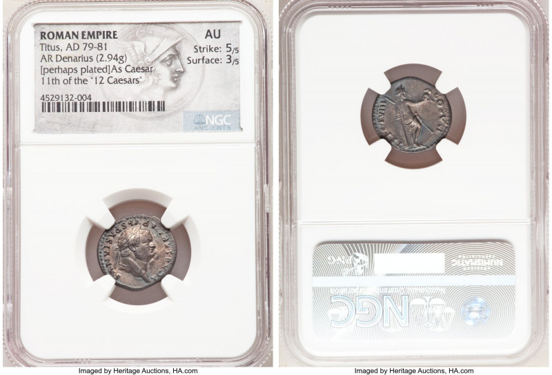 Titus, as Caesar (AD 79-81). AR denarius (17mm, 2.94 gm, 5h). NGC AU 5/5 - 3/5. ...