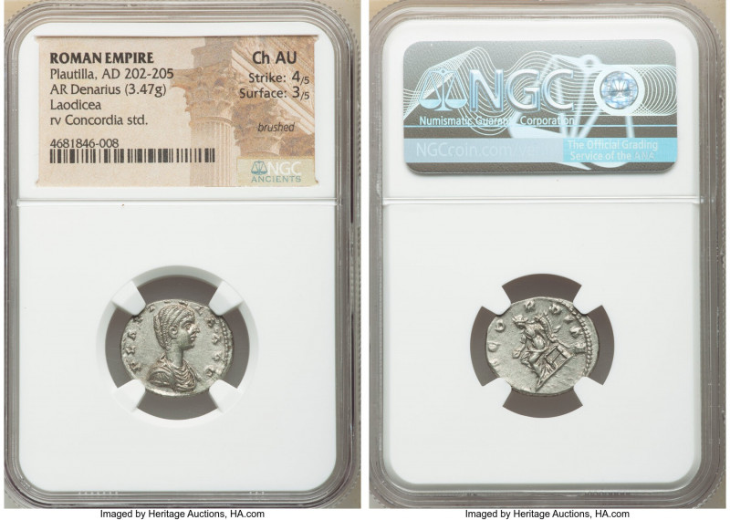 Plautilla (AD 202-205). AR denarius (18mm, 3.47 gm, 11h). NGC Choice AU 4/5 - 3/...
