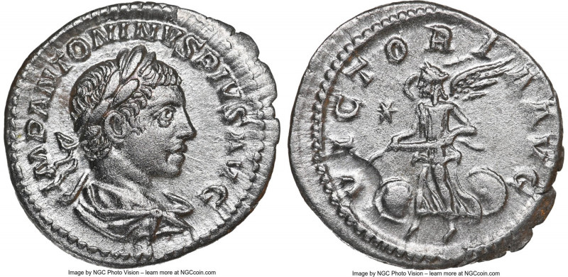 Elagabalus (AD 218-222). AR denarius (19mm, 2.92 gm, 5h). NGC XF, brushed. Rome....
