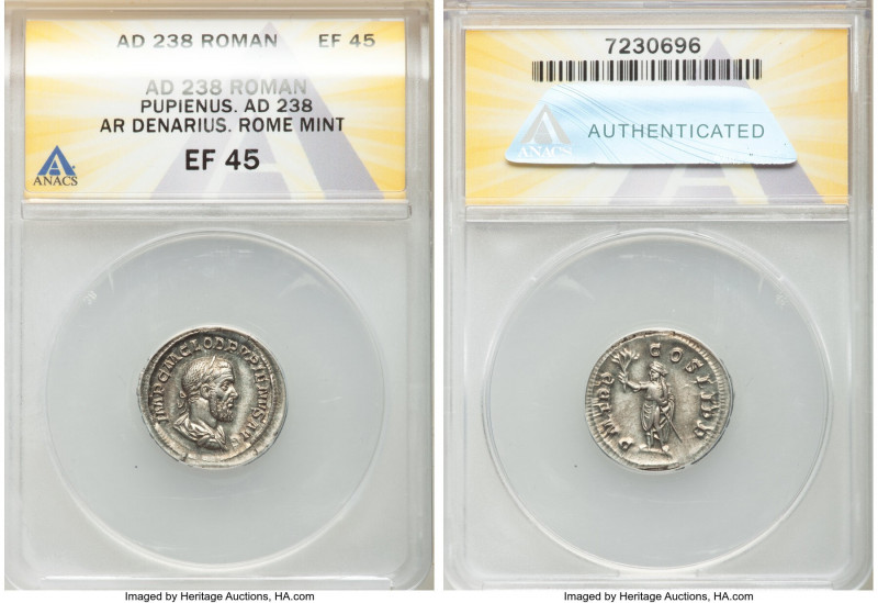 Pupienus (April-July AD 238). AR denarius (20mm, 12h). ANACS XF 45. Rome. IMP C ...
