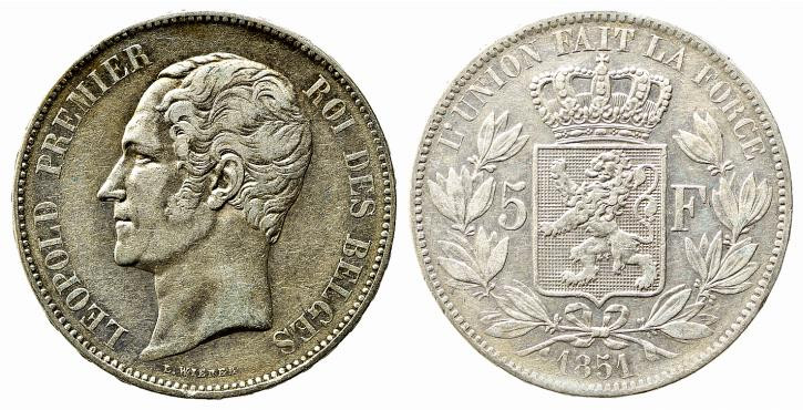 BELGIO. Leopoldo I (1831-1865). 5 Francs 1851 Ag. Km#17. BB+