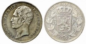 BELGIO. Leopoldo I (1831-1865). 5 Francs 1851 Ag. Km#17. BB+