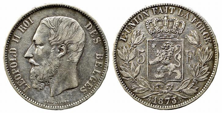 BELGIO. Leopoldo II (1865-1909). 5 Francs 1873 Ag (24,80 g). KM#24. BB