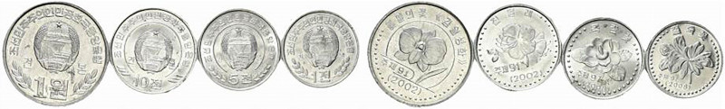 COREA DEL NORD. Lotto di 4 monete Specimen (1 Won 2002, 10 Chon 2002, 1 Chon 200...