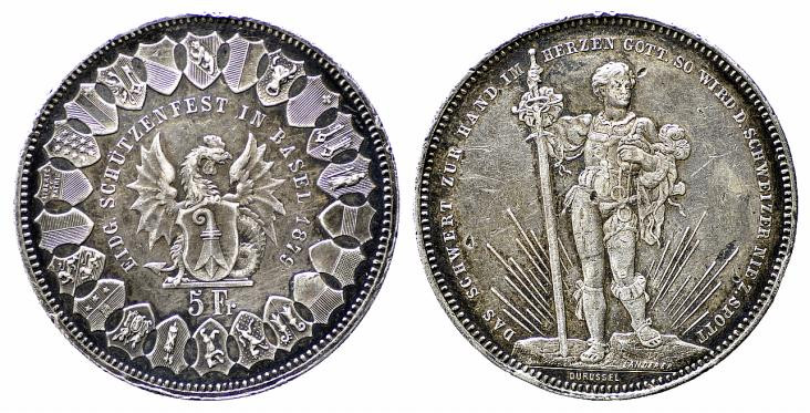 SVIZZERA. Tiri Federali. Basilea. 5 francs 1879 Ag (25,04 g). KM#S14. BB+