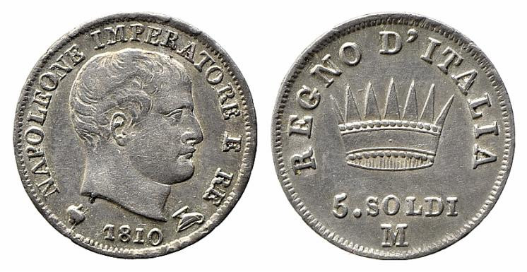 MILANO. Napoleone I, Re d'Italia (1805-1814). 5 soldi 1810. Ag (1,25 g). Gig. 18...