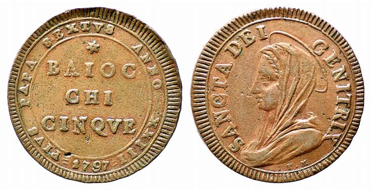 ROMA. Pio VI (1775-1799). Madonnina da 5 baiocchi 1797 sigle TM anno XXIII. Cu (...
