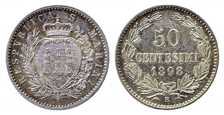 SAN MARINO. Vecchia monetazione. 50 centesimi 1898. Ag (2,5 g - 18 mm). Gig. 29....