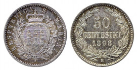 SAN MARINO. Vecchia monetazione. 50 centesimi 1898. Ag (2,5 g - 18 mm). Gig. 29. Segni di pulizia nei campi, FDC