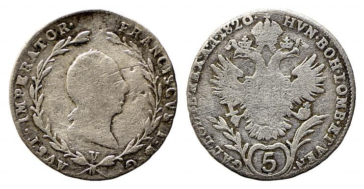 VENEZIA. Regno Lombardo Veneto. Francesco I d'Asburgo Lorena (1815-1835). 5 kreu...