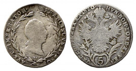VENEZIA. Regno Lombardo Veneto. Francesco I d'Asburgo Lorena (1815-1835). 5 kreuzer (1/4 di Svanzica) 1820. Mi (2,03 g). Gig. 120 rara. MB