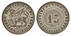 VENEZIA. Governo Provvisorio (1848-1849). 15 centesimi 1848 Mi (1,42 g). Gig.8. BB-SPL