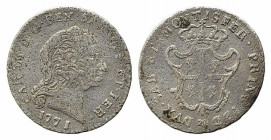 Carlo Emanuele III (1730-1773). Torino. Monetazione per la Sardegna. Reale nuovo 1771. Mi (3,22 g). MIR 962 R2.