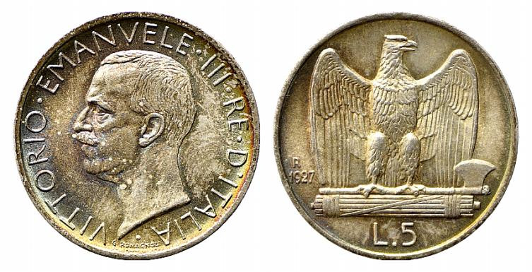 Vittorio Emanuele III (1900-1943). 5 lire 1927 **due rosette "Aquilotto". Gig.74...