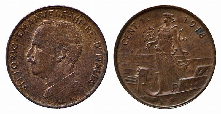 Vittorio Emanuele III (1900-1943). 1 centesimo 1918 "Italia su Prora". Gig.322 N...